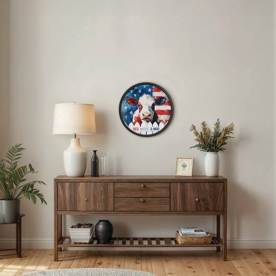 20" x 20" Red, White & Moo Round Framed Print